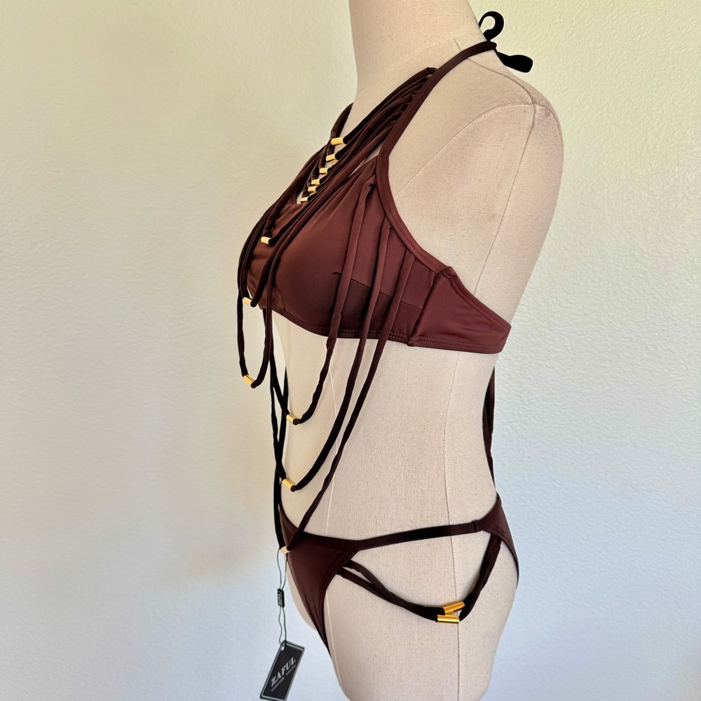 ๐ Brown Strappy Rope Gold Metal Detail Bikini Swimsuit Set - Picture 6 of 9